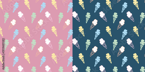 Seamless pattern with colorful hand drawn ice cream doodles in cute kid's style. Sweet dessert background for wrapping paper, textile, wallpaper and children's products