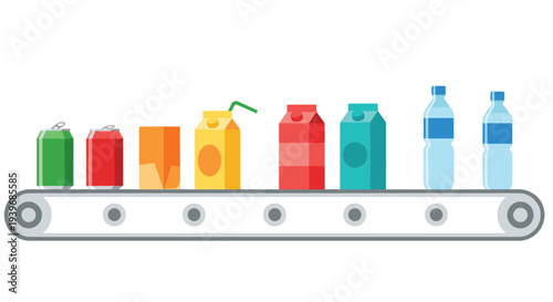 A variety of colorful beverage containers, including cans, cartons, and plastic bottles, are systematically transported along a grey conveyor belt on a white background.