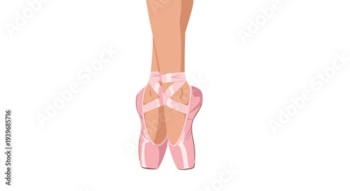 A pair of slender ballet dancer's legs and feet, wearing pink pointe shoes with ribbons, are depicted en pointe from an elevated perspective.