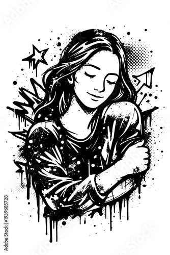 Emotional woman with closed eyes and graffiti art around her