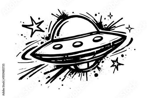 Vibrant black and white UFO speeding through starry night sky with dynamic splatters
