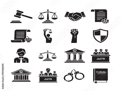 Legal and justice system icons set in minimalist style