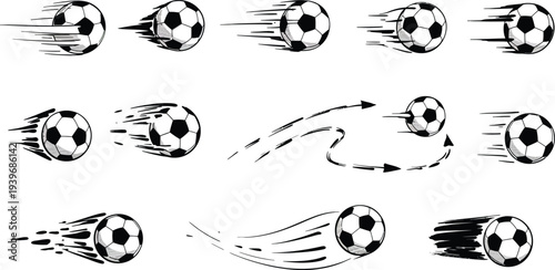 Motion blur soccer balls in various directions and speeds on white background