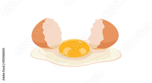 A single brown egg is cracked open, with its bright yellow yolk and clear white liquid spilled onto a clean white surface.