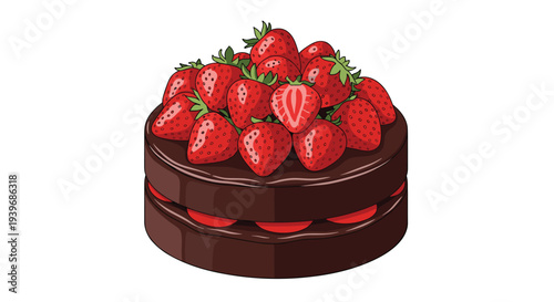 A rich, two-layered round chocolate cake is generously adorned with a dense topping of fresh, whole red strawberries.