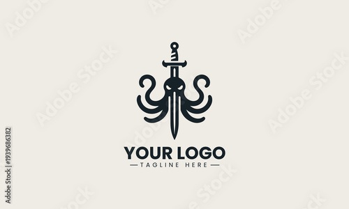 Black octopus monster holding a sharp sword represents gaming mascot unique and powerful