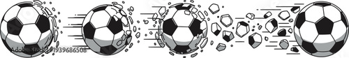 Black and white illustration of soccer balls in motion with dynamic lines and blurs on a white background