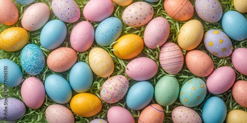 Dozens of pastel speckled and decorated Easter eggs nestled in green grass filling the entire frame. Joyful spring abundance ideal for Easter 2026 hunt themes, seasonal ads and festive packaging.