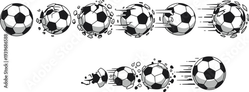 Black and white illustration of soccer balls flying through the air in motion with dynamic movement and energy
