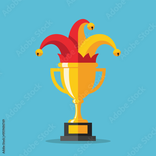 Golden trophy cup wearing colorful jester hat with bells on blue background for april fools day champion and humorous achievement award concept art