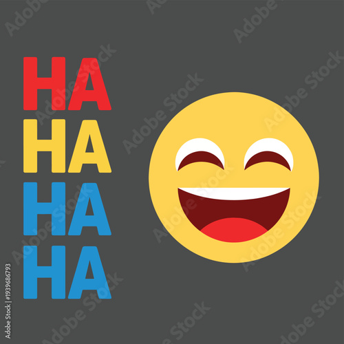 Laughing emoji with open mouth and squinting eyes next to colorful haha text on dark gray background representing happiness and april fools laughter