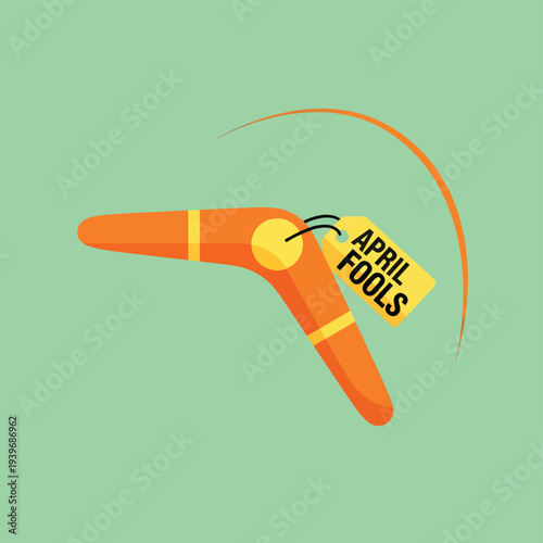 Boomerang with april fools tag flying through the air, symbolizing the playful and mischievous nature of april fools day pranks