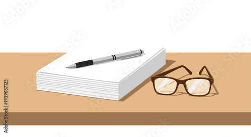 A stack of white papers, a silver pen, and brown-framed eyeglasses are neatly arranged on a light brown wooden desk surface.