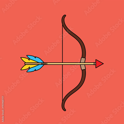 Bow and arrow illustration for april fools day pranks and hunting symbols on red background