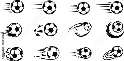 Collection of soccer balls in motion with dynamic movement illustration styles