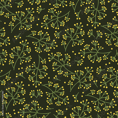 Botanical seamless pattern with yellow, green twigs on dark background. Сontinuous plant cover texture for printing on fabric and paper. Vector design for textile. Natural endless wallpaper, backdrop.