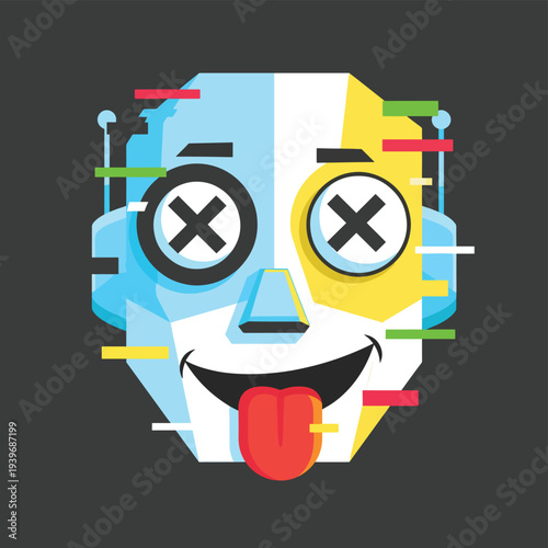 Glitch robot face with crossed-out eyes and sticking out tongue, depicting a humorous and broken digital prank for april fools