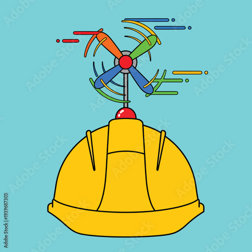 Yellow propeller hat beanie icon with colorful rotating blades isolated on blue background funny headwear symbol for silliness and childhood humor