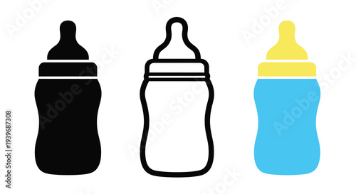 Three baby bottles in varying colors a simple graphic silhouette