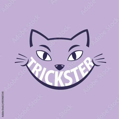 Purple cat face silhouette with trickster text forming smiling mouth line minimalist feline head illustration for mischief and humor theme design