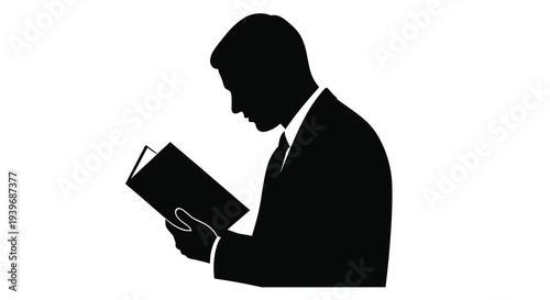 A man in a suit reads a book depicted as a silhouette