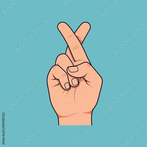 Fingers crossed hand gesture symbolizing luck, hope, and good fortune, isolated on blue background
