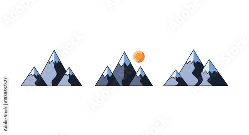 Three mountain peaks with a rising sun minimalist landscape silhouette