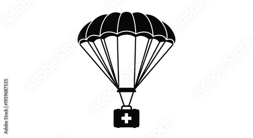 Black silhouette of a parachute with a medical kit below