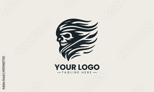 Skull with waving flag shape represents bold pirate identity concept in clean minimalist black vector illustration on white background