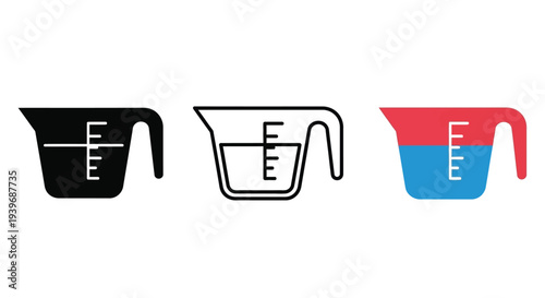Three measuring cups in varying styles including a dark silhouette