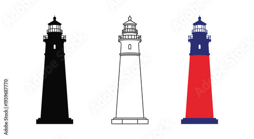 Three lighthouse variations presented in differing color schemes silhouette
