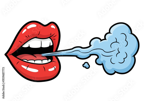 Red lips exhaling blue smoke in comic book pop style mouth