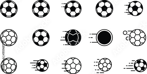 Variety of soccer ball designs and patterns in black and white on a plain background