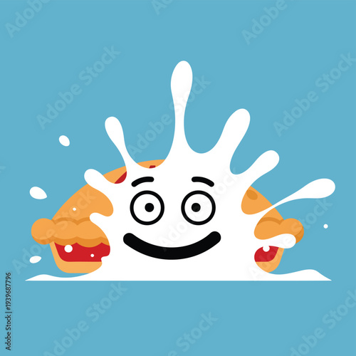Funny pie character splashing milk with surprised expression, cartoon face, messy food, playful dessert, humor concept