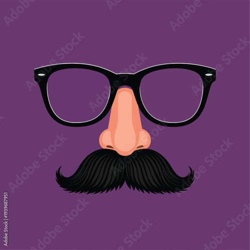 Classic disguise mask with black thick rimmed glasses large nose and bushy mustache on purple background for april fools day prank vector graphics