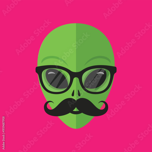 Green alien head wearing black glasses and fake mustache as disguise for april fools day prank on bright pink background creative vector illustration