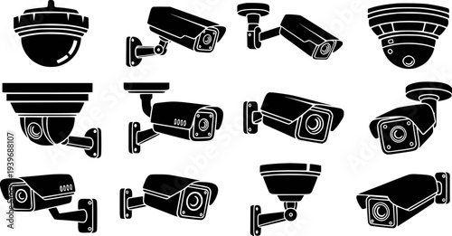 Collection of Black Security Camera and Silhouettes White Background surveillance