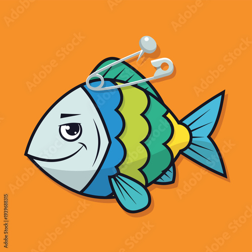 Cartoon fish with safety pin, april fools prank, funny joke, playful character, humorous animal illustration