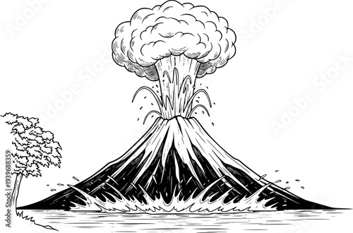 Dramatic volcano eruption with smoke plume and water splash in vintage style explosion