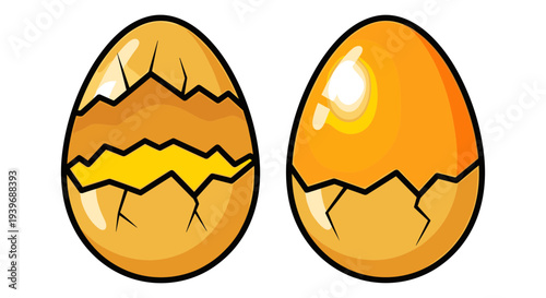 Cracked Golden Egg Vector Illustration Set with Intact and Broken Shells, Ideal for Gaming, Fantasy, or Treasure Concepts