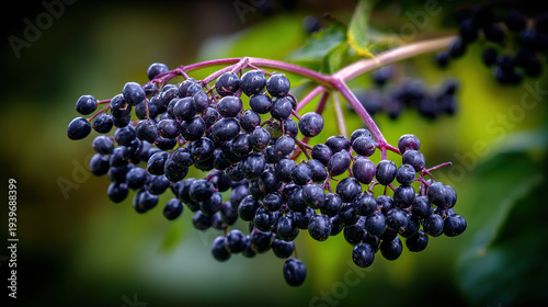 Close-up of ripe elderberries on a branch