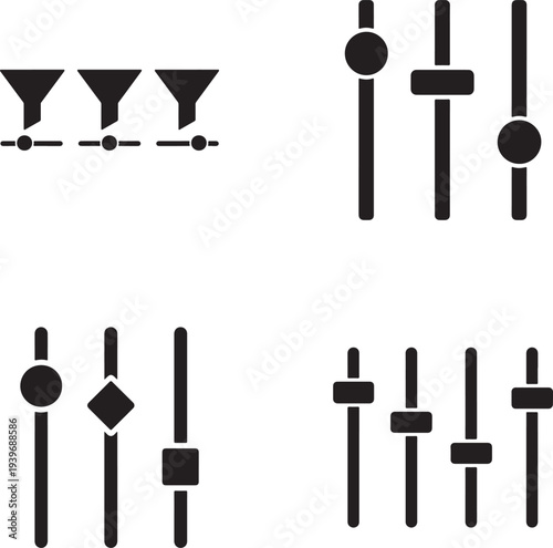 Control panel and filter icon vector set for settings, adjustment and dashboard interface design use.