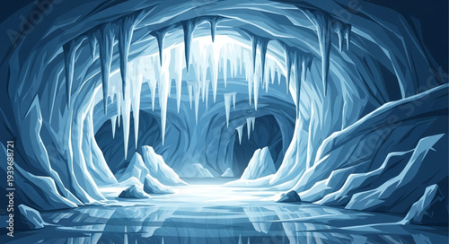 Majestic Ice Cave with Stalactites and Frozen Walls.
