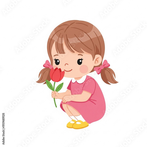 Young girl crouching and smelling a red flower in springtime  