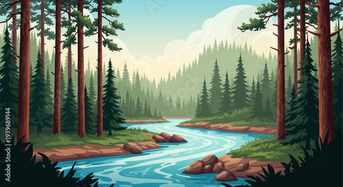Serene Forest Landscape with Flowing River and Tall Pine Trees.