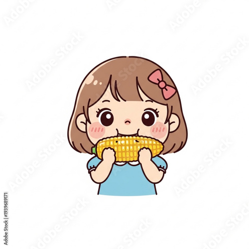 Cute girl happily eating corn on the cob with a bow in her hair  