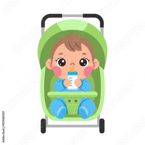 Toddler sitting in stroller and drinking from a bottle  
