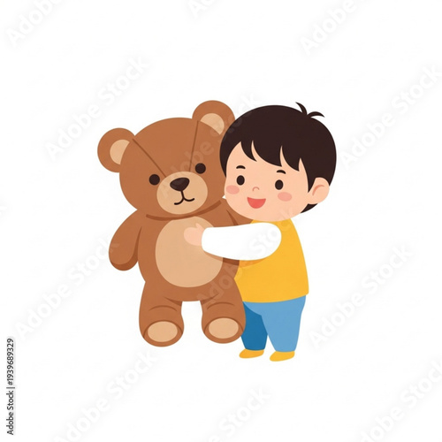 Toddler boy hugging large teddy bear and smiling happily indoors  