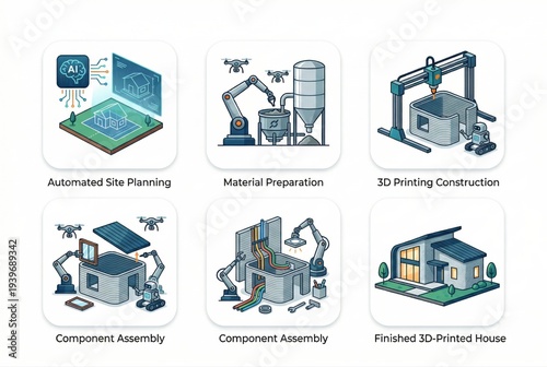 Innovative construction process through automated site planning, material preparation, advanced 3D printing technology, and component assembly resulting in a futuristic 3D printed house