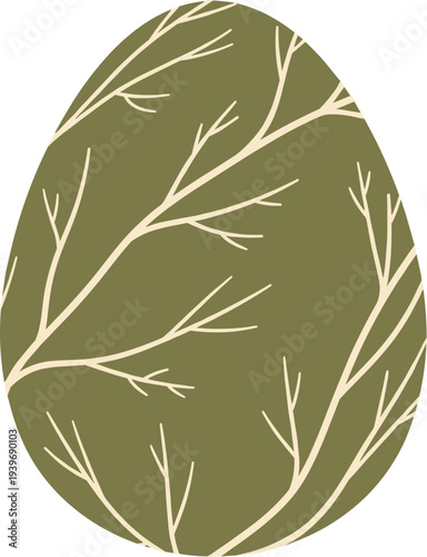 Decorative egg design with branch pattern on muted green background
